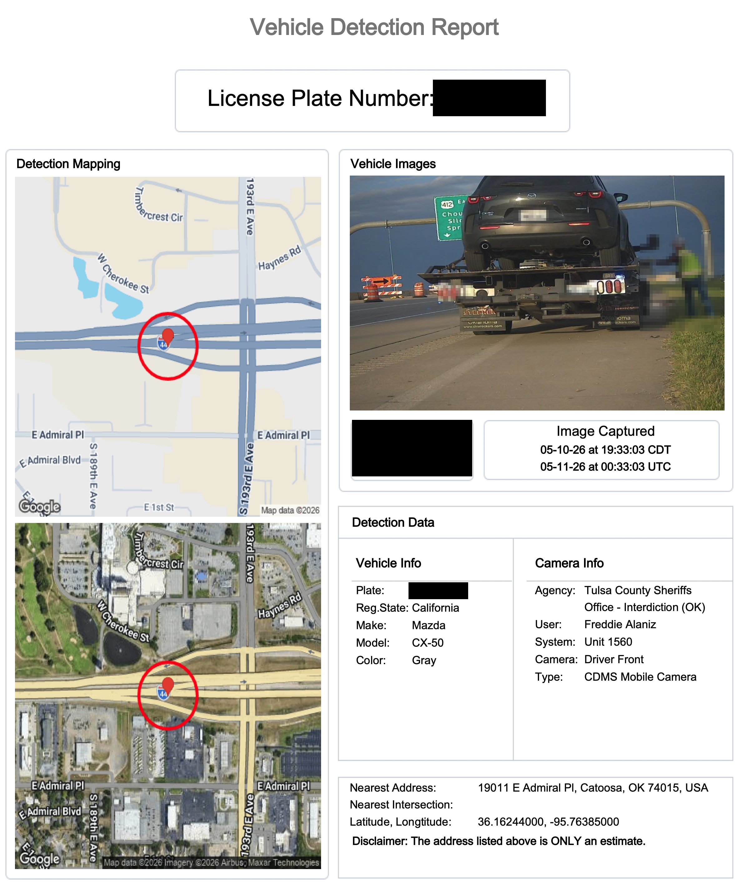 Un informe de detección de vehículos de VehicleManager, presentado en el caso «Estados Unidos contra Kyle», en el que se muestra un mapa, una fotografía del vehículo sobre una grúa e información de la cámara, con la matrícula ocultada.